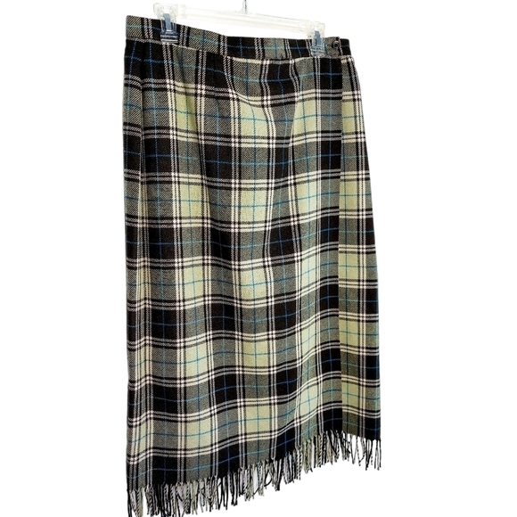 Evan Picone Blanket Wrap Maxi Skirt Green Plaid Wool-blend Fringed Lined Size 16 - Picture 2 of 12